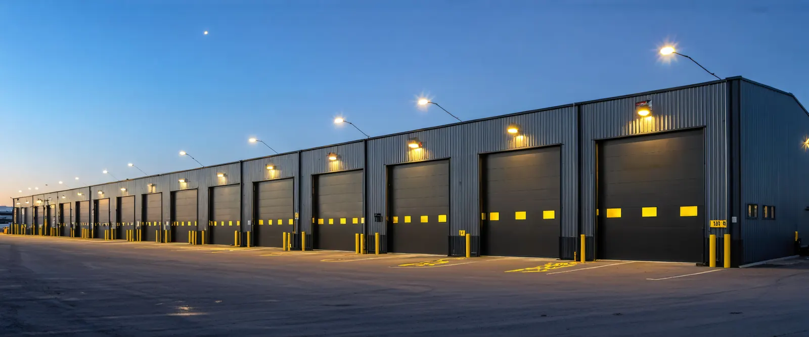 A row of dark steel industrial bays with black overhead doors and yellow number plaques at dusk